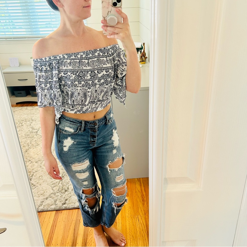 Charlotte Russe Blue Floral Off-the-Shoulder Crop Top